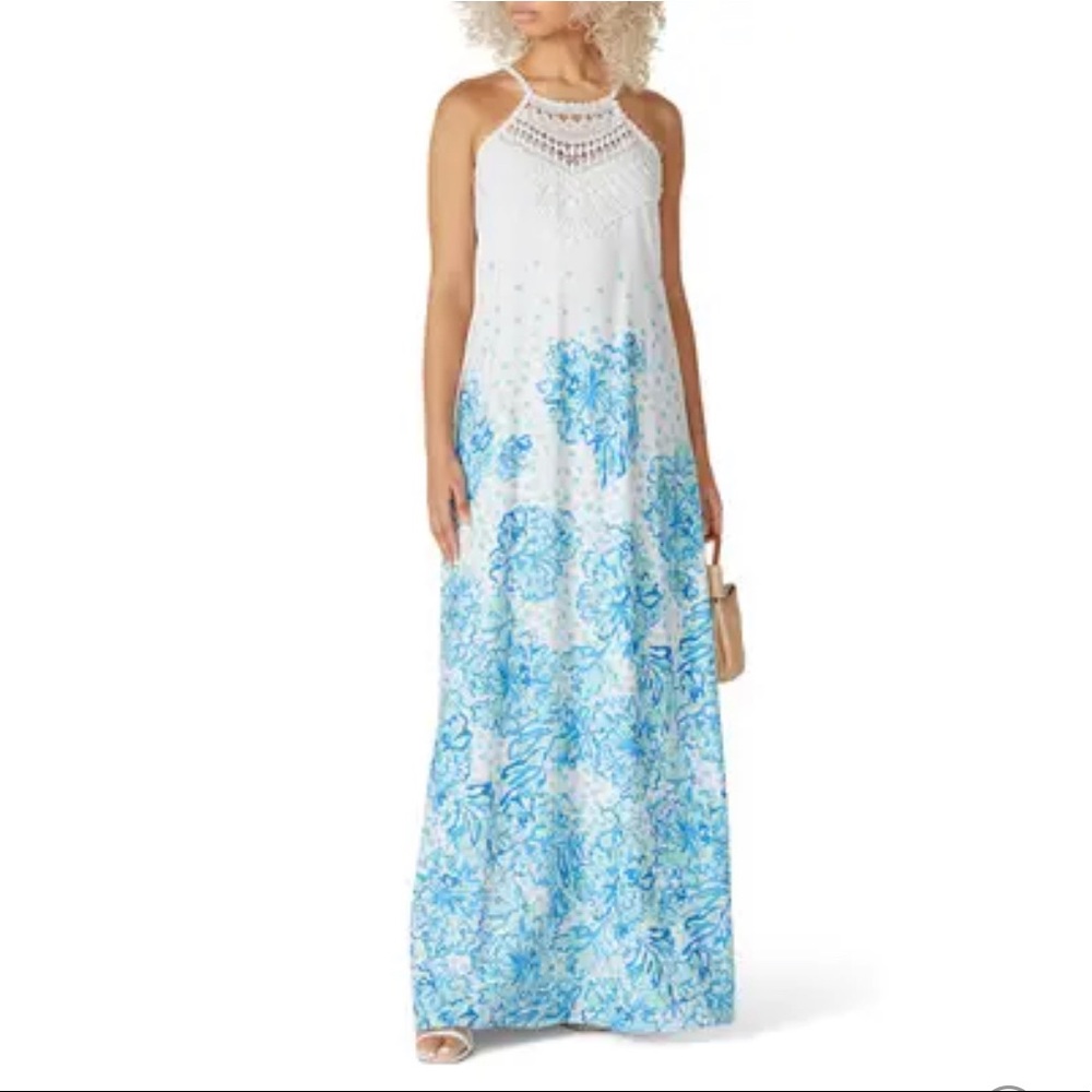 NWT Lilly Pulitzer Pearl Maxi Dress Size 12 Blue White Halter  Gown
